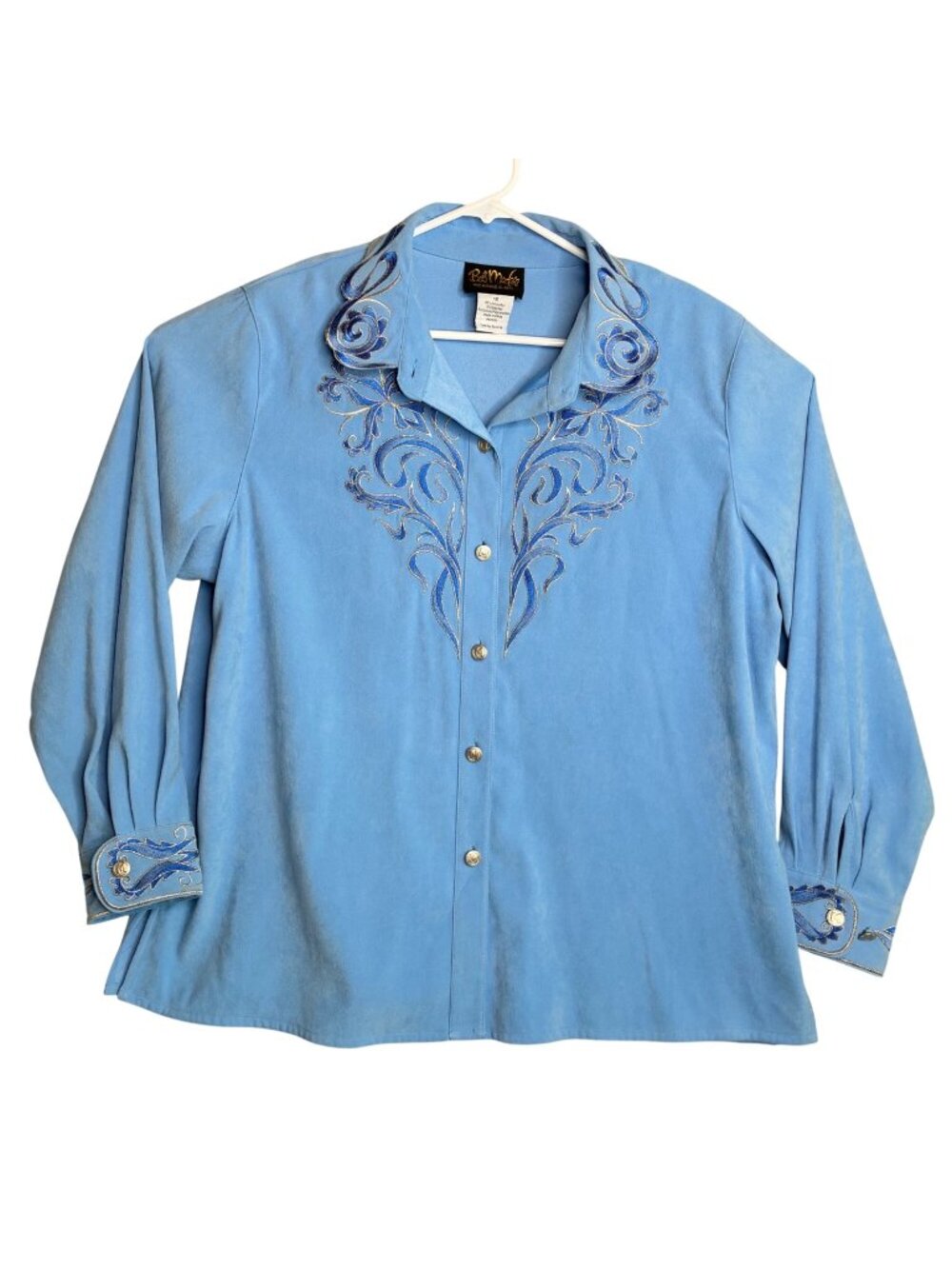 Bob Mackie Wearable Art Embroidered Button-Up Shirt 1X Light Blue Long Sleeve